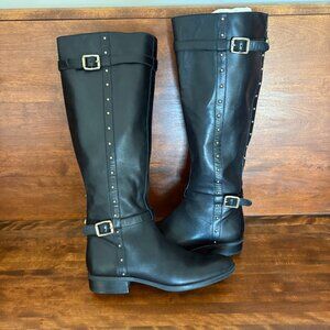 Vince Camuto Black Women's Leather Gold Studded Buckles Riding Boots Size 8